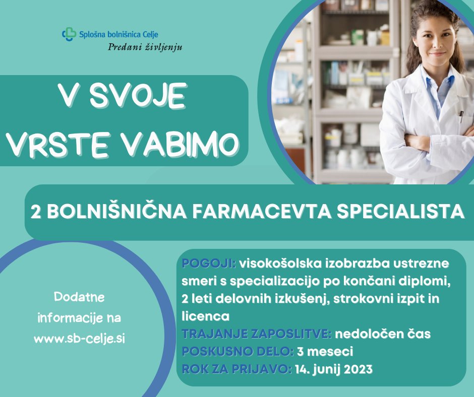 📣 V svoje vrste vabimo dva bolnišnična farmacevta specialista‼
📌Ponujamo zaposlitev za nedoločen čas, s 3 mesečnim poskusnim delom.
📌Pogoji in delovne naloge so podrobneje opisane na ➡ sb-celje.si/o-bolni%C5%A1n…
Pridružite se nam‼💪