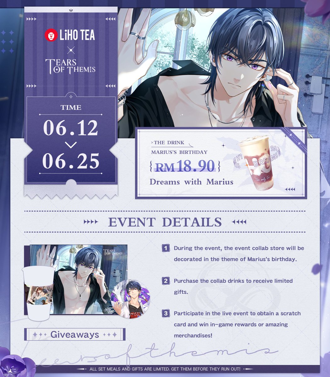 TearsofThemisEN's tweet photo. Marius' Birthday × Milk Tea Collaboration

✦ RT to Win "Menagerie of Lights" Marius' Birthday Shikishi (5 Winners)

Dreamweaving in the timeless sea of love. Marius' Birthday X LiHO TEA Event Coming Soon!
✦ Event Period: 2023/6/12 - 6/25
✦ Event Venue: Malaysia

#TearsOfThemis https://t.co/0q6JppqdF3