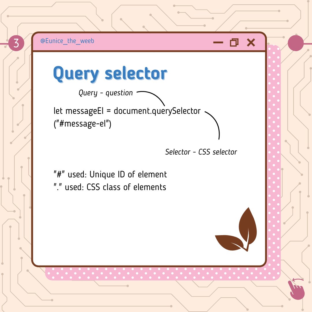 Eunice_the_Weeb's tweet photo. Coding in pop-up messages. maybe I can add images too? That's a thought for another day.
Instead of getElementById, querySelector is more dynamic, so value must be more specific.
#webdevelopment #webdeveloperslife #webdesigns #codingdays #frontenddev #frontend #javascript https://t.co/iXIVe7kt2l