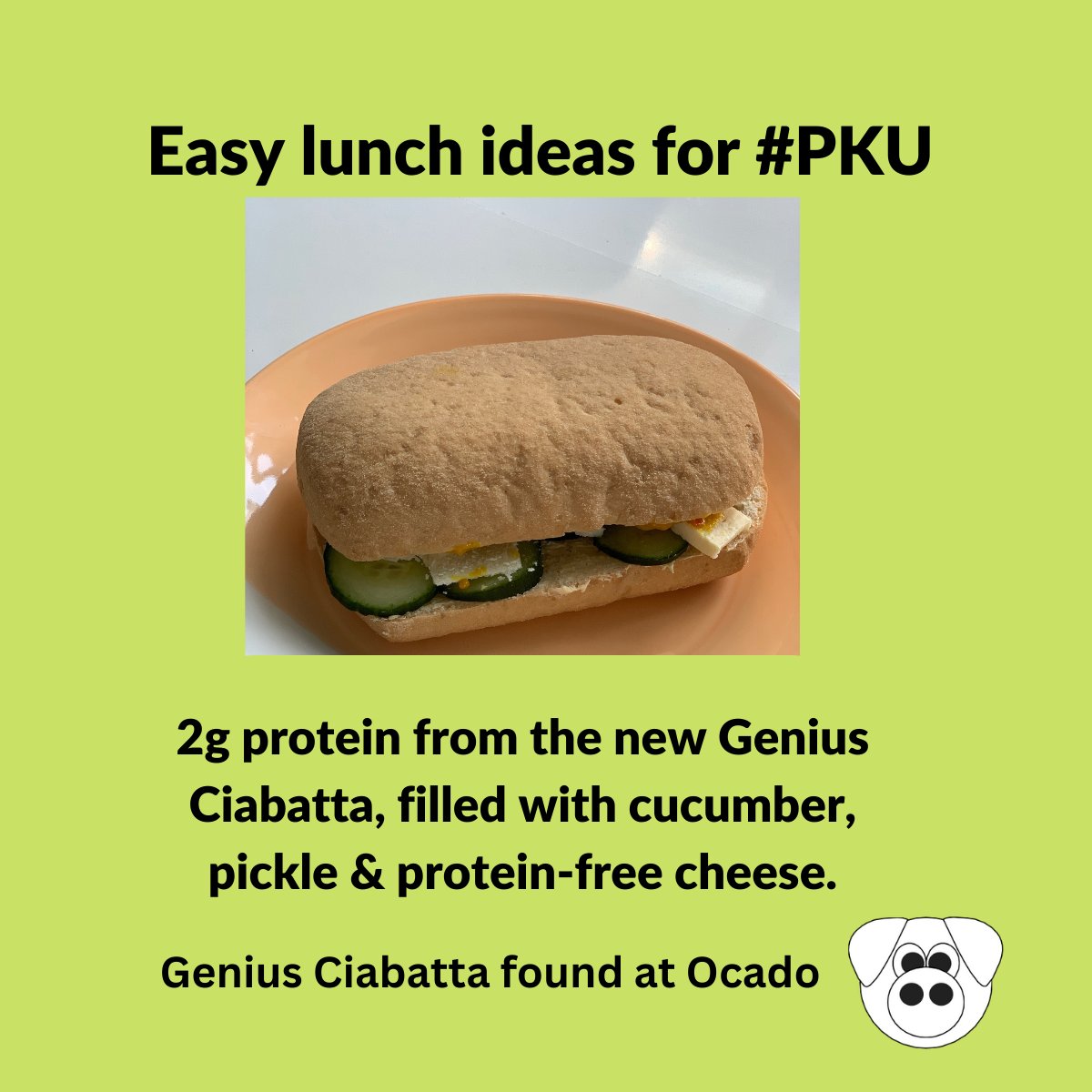 Easy #PKU Lunch ideas!
2g protein frm the new @Genius Ciabatta, filled with cucumber, pickle, & protein-free cheese (@Violife)

Ciabatta found @Ocado

#LivingWithPKU #AdultPKU #LowProtein
