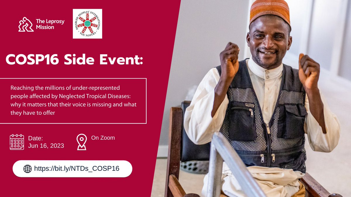 How can we reach under-represented groups like persons affected by #NTDs & hearing their voices? This #COSP16 side event by @leprosymissint & @DPI_Info looks at greater inclusion for NTDs in the disability sector. #beatNTDs 📅 16 June Register: bit.ly/NTDs_COSP16