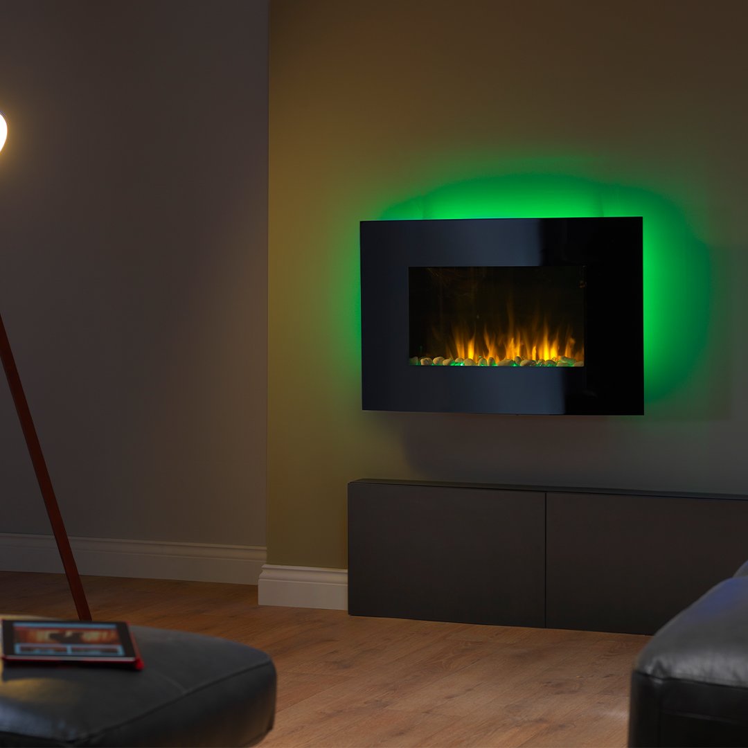 Which coloured backlighting setting of the Dimplex Artesia is your favourite? - Red - Blue - Green #Dimplexfires #wallfire #contemporaryfireplace contemporaryfire #thisorthat