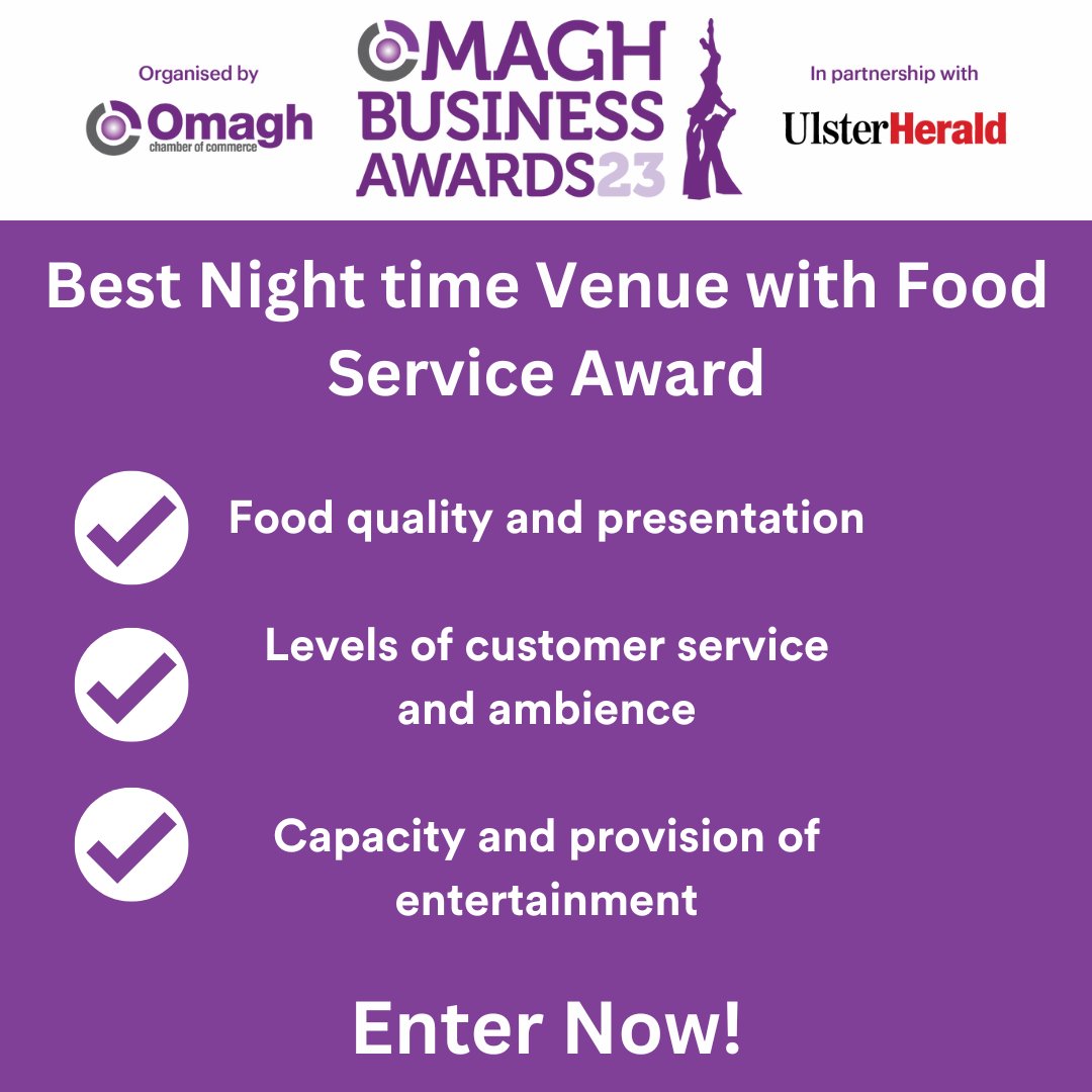 Best Night Time Venue with Food Service sponsored by Blenders Sauces

The Omagh Business Awards are organised by <a href="/OmaghChamber/">Omagh Chamber of Commerce and Industry</a> and <a href="/we_are_tyrone/">WeAreTyrone</a> 

Enter now👉 ow.ly/1EGa50OFJJB

#ThePeopleBehindTheNews #OBA23 #BusinessAwards #Events #LocalMedia #LocalBusiness