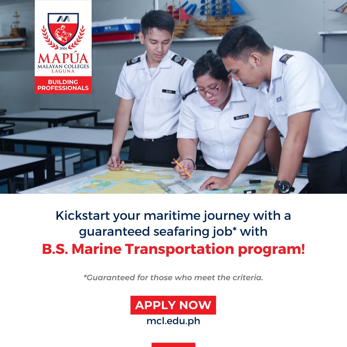 MapuaMCL's tweet photo. Pursue your professional career at sea as a global maritime practitioner with Mapúa MCL’s Marine Transportation program!
📌APPLY NOW: https://t.co/Ihyyqv8vVc
📌ASK US: https://t.co/FJFjmYFUvH
#BuildingProfessionals https://t.co/5EjBBSJAb7