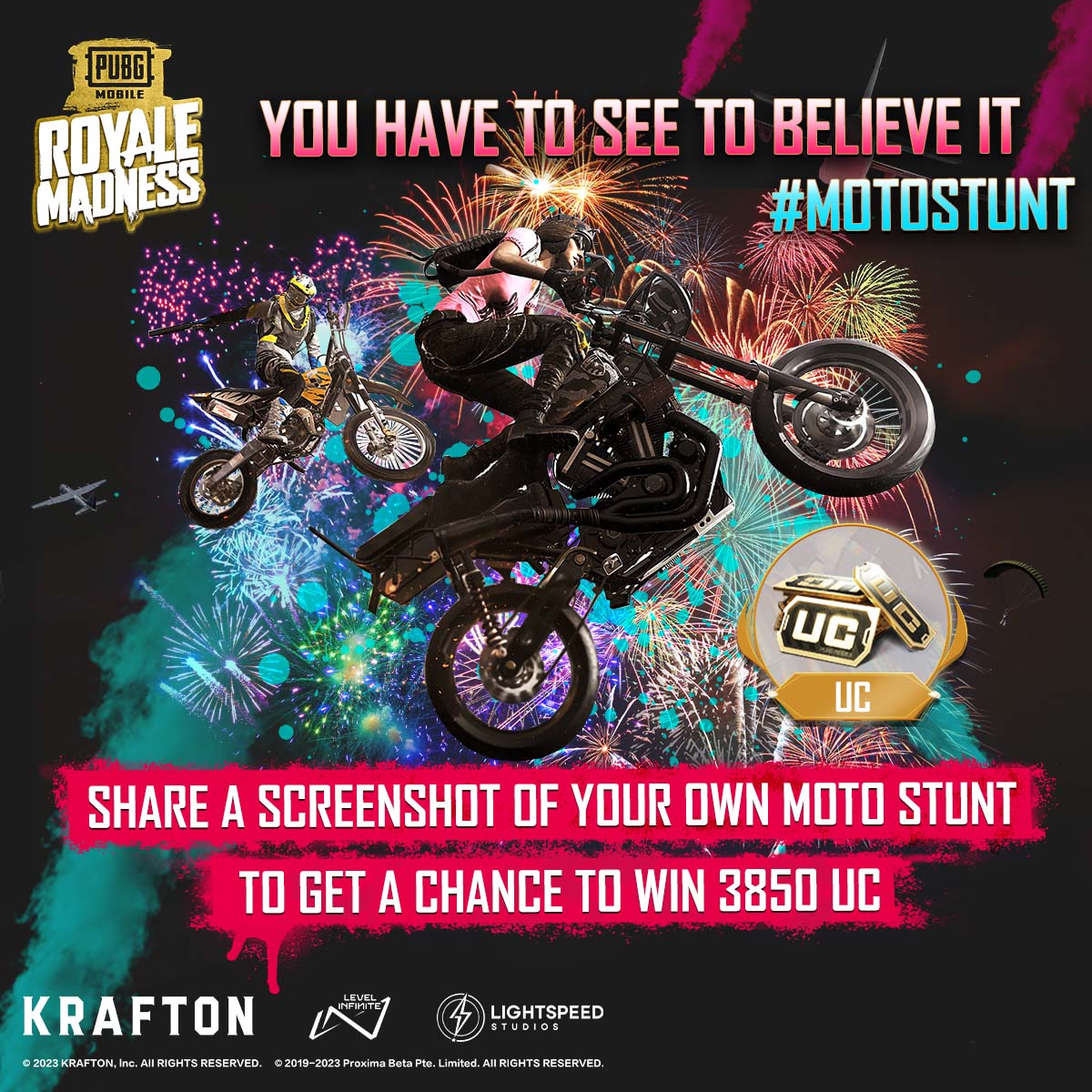 PUBGM_Europe's tweet photo. Don't forget to join the #MotoStunt and show off to your friends as the best rider in the game! As a bonus, you'll earn 3.850 UC!
#PUBGMOBILE
#ROYALEMADNESS https://t.co/AsV4IgJNoi