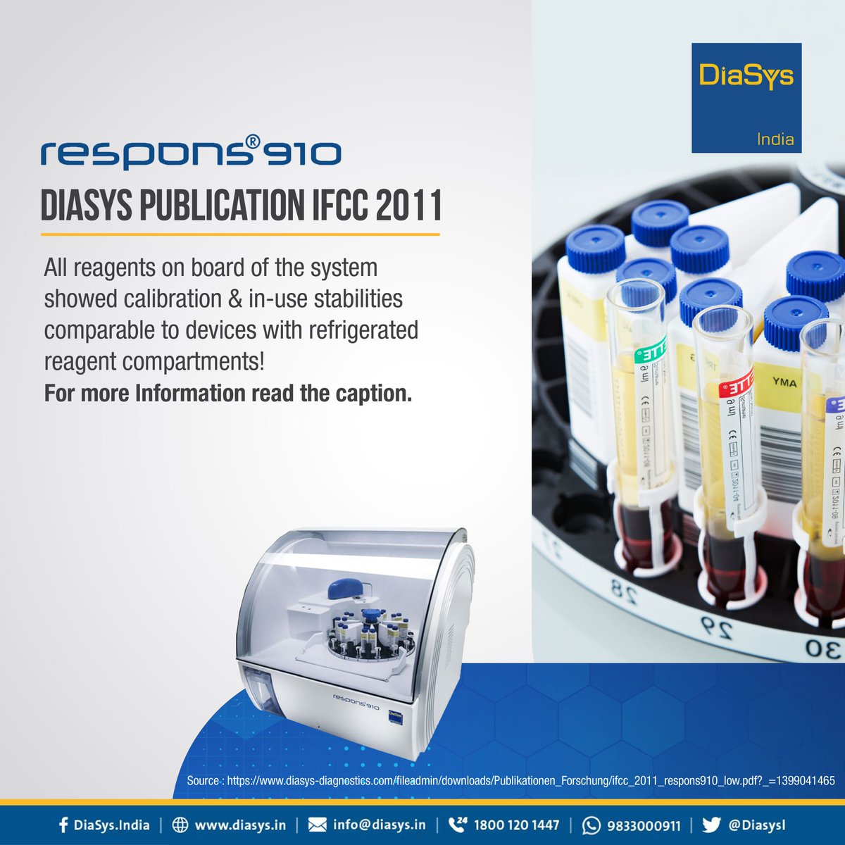 DiasysI's tweet photo. Unleash the power of DiaSys responsⓇ910, a compact and fully automated clinical chemistry analyzer. With 30 methods and high on-board capacity, it offers flexibility for everyday diagnostics.
Kindly visit: https://t.co/ukOA1ObVbJ to know more.
#DiaSys #Respons910 https://t.co/oyoznmvxRe