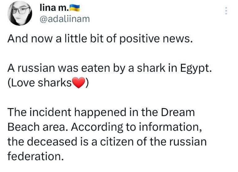 🇺🇦🇩🇪Disgusting Ukrainian propagandists rejoicing at the tragic Shark attack which killed an innocent Russian 23-year old tourist in Egypt...

👏Ukrainians are earning the hate..