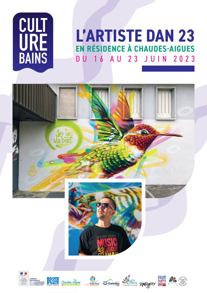 villesdeaux's tweet photo. 💦 L'artiste Dan 23 en résidence à Chaudes-Aigues, pour la prod d'une fresque en street-art 

➡ info : https://t.co/zufsW0QmwG #CultureBains #StreetArt #chaudesaigues #cantal #auvergne #massifcentral

🤝avec @ANCTerritoires @clermont2028 @AntoSquizzato @dan23_info https://t.co/wBCuOzyT1C