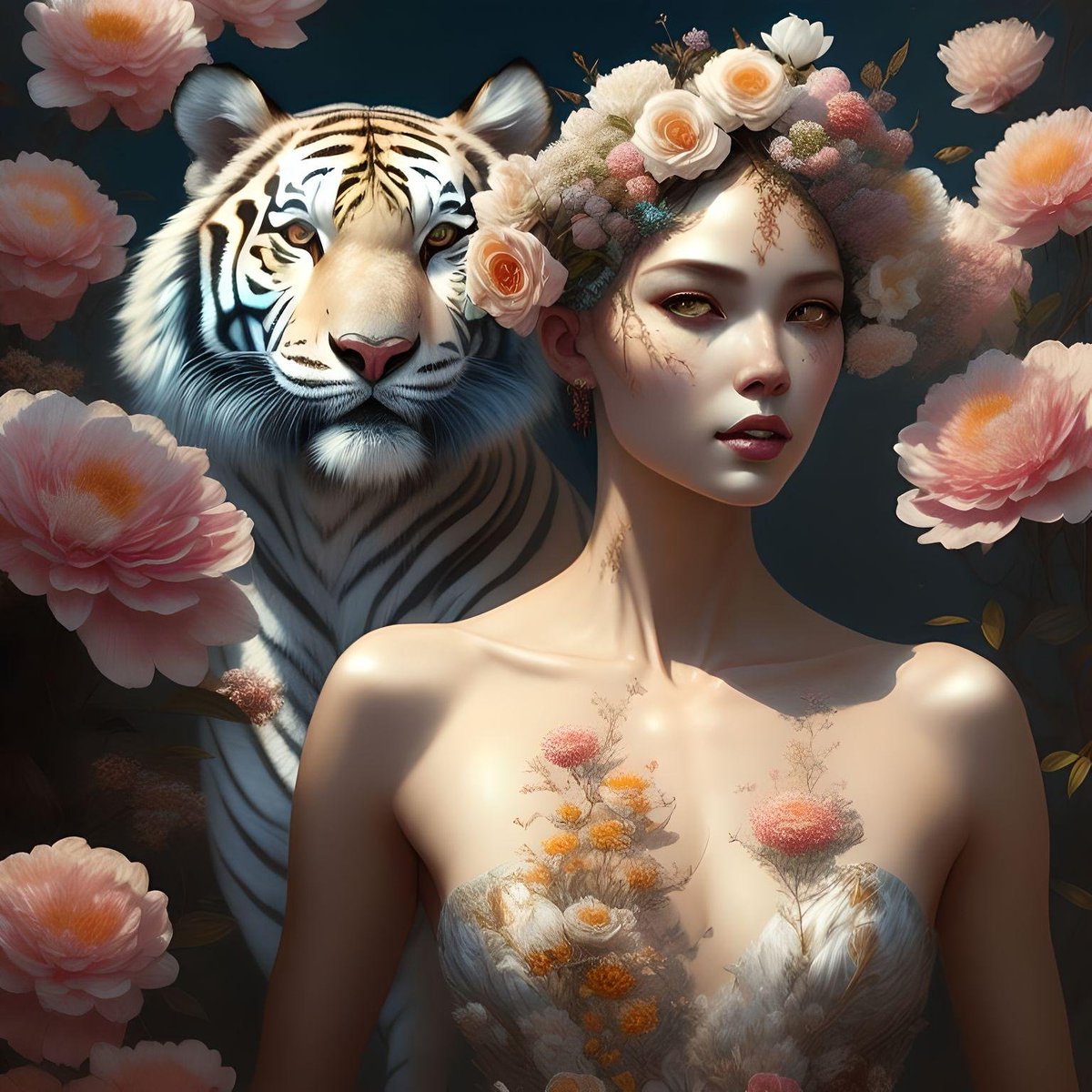 GM, captured in the enchanting realm of art, the bond between a majestic white tiger and his ethereal master blooms like the delicate flowers adorning her head and dress. 🌸✨ 
#WhiteTiger #NatureInspired #WildBeauty #ArtisticExpression #MajesticCreatures #BeautyInDetails