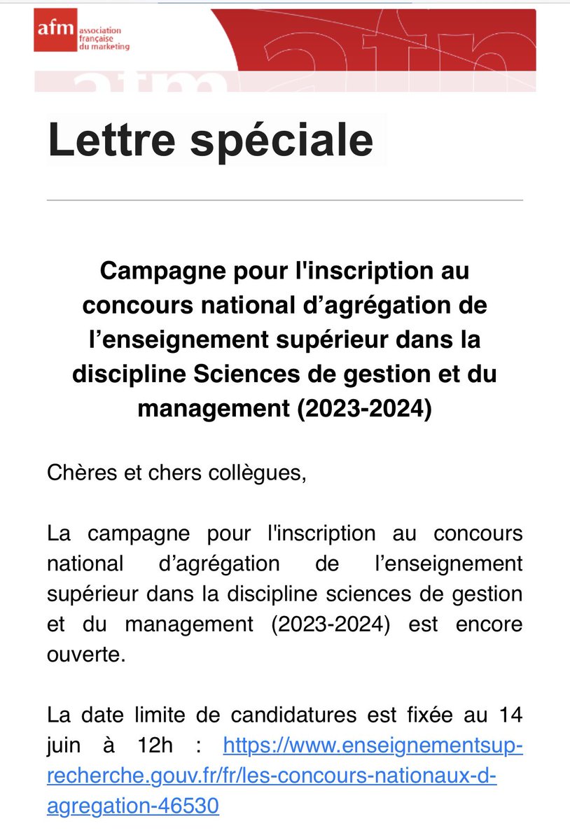 Lettre spéciale @afm_marketing 

Campagne pour l'inscription au concours national d’agrégation de l’enseignement supérieur dans la discipline Sciences de gestion et du management (2023-2024)

mon-hub-marketing.searchbooster.fr/api/emailmarke…