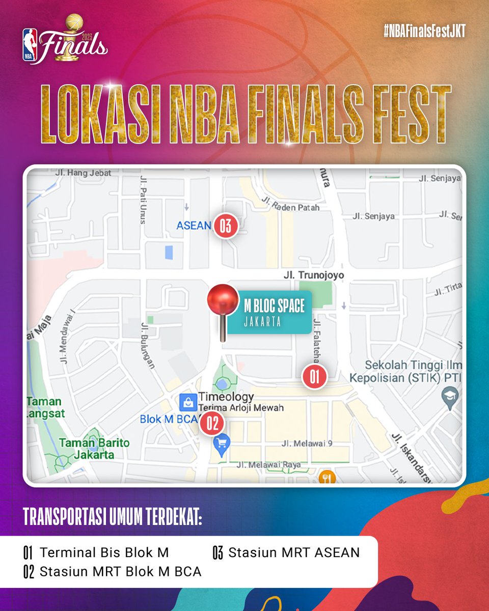 NBA_Indonesia's tweet photo. Inget, lokasi #NBAFinalsFestJKT mulai 9-11 Juni di @mblocspace ya! 😎

Buat yang naik mobil pribadi, awas ganjil genap!

Sampai jumpa di festival ya!

#NBAFans #NBA #NBAIndonesia #NBAFinals #Basketball #mblocspace https://t.co/KCajEm4rAq