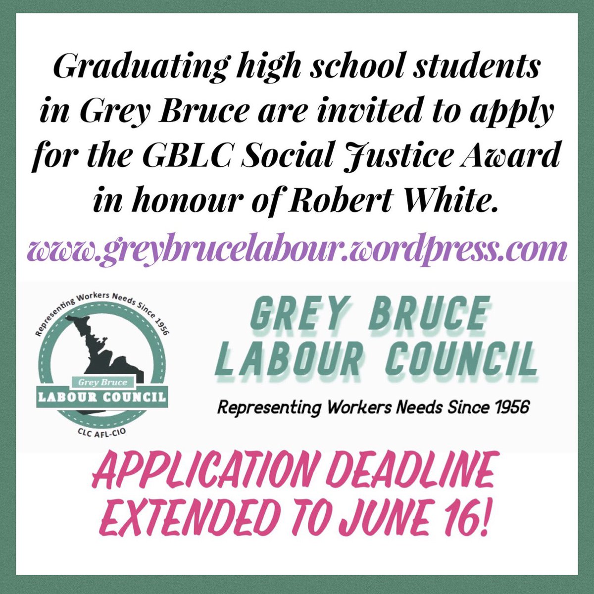 Are you graduating from high school in GreyBruce? 

The GreyBruce LabourCouncil presents the Social Justice Award in Honour of Robert White to graduating high school students in Grey&Bruce Counties who have promote social justice in their community.