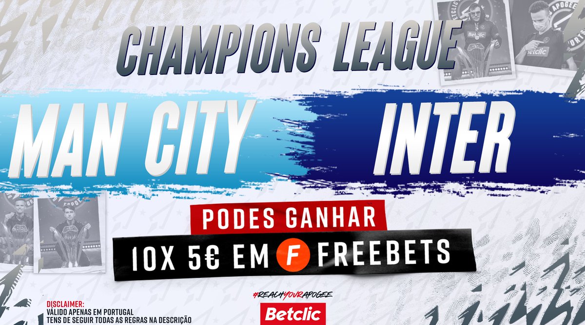 Final da Liga dos Campeões! 🔥🇵🇹

Se Haaland ou Lautaro marcarem (apenas no tempo regulamentar), vamos sortear 5€ de Freebets para 10 pessoas! ⚽

- Segue a <a href="/BetclicApogee/">Betclic Apogee Esports</a>;
- Dá RT + FAV;
- Comenta o teu Username Betclic e marca um amigo;

Passatempo termina às 19h00.