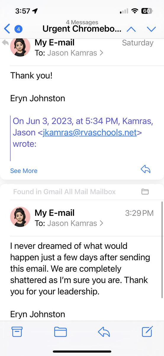 Screen shots from emails btwn me and <a href="/JasonKamras/">Jason Kamras</a> last week. <a href="/RPS_Schools/">Richmond Public Schools</a> sent out an “Urgent” text &amp; when I saw it I was terrified. It was just a reminder to return laptops.

1st email sent 6/2. On 6/6, the worst, in fact, did happen. 

We can’t keep doing this. #ItsTheGuns