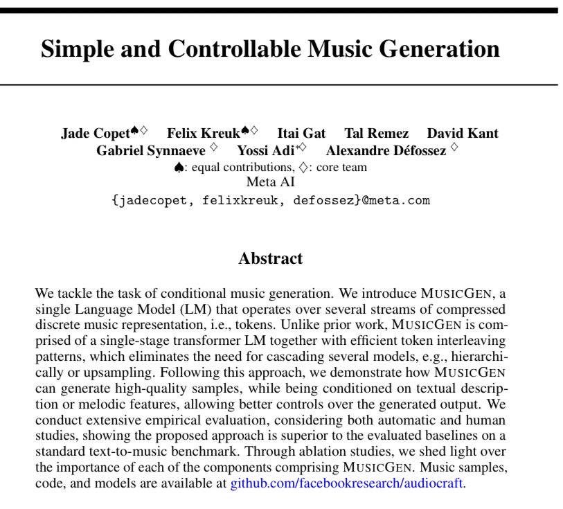 WiMLDS_Paris's tweet image. [#FridayWiMLDSPaper curated by @bennis_jihane ]
“Simple and Controllable Music Generation” by @jadecopet, @syhw, @itai_gat, @honualx , Tal Remez, David Kant, @FelixKreuk
arxiv.org/pdf/2306.05284…