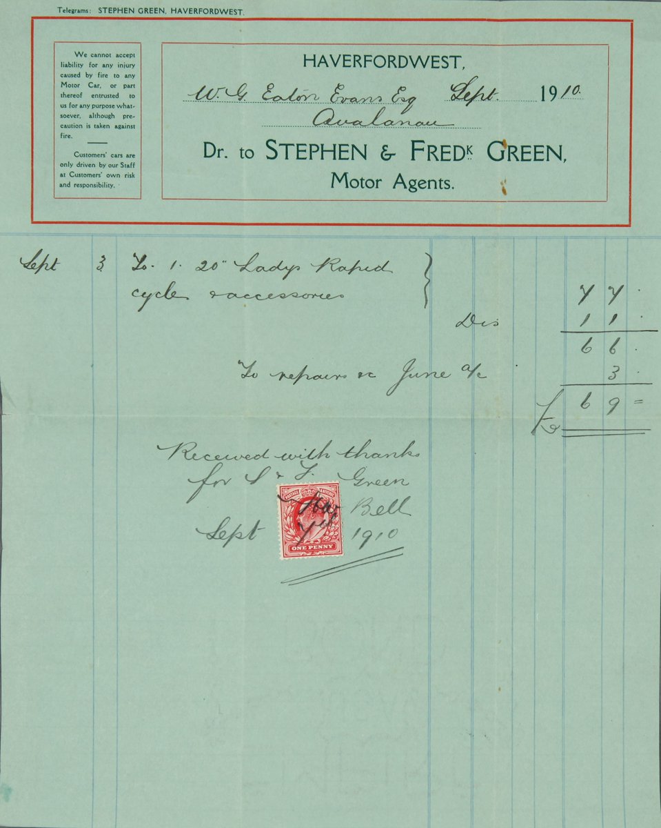here is a receipt for a lady’s bicycle, which was purchased by W.G. Eaton Evans from Stephen and Fred Green Motor Agents on 3rd September 1910.

🚴‍♀️ D/EE/V/2/4

#bikeweek #eyabusiness #eyaday #exploreyourarchive