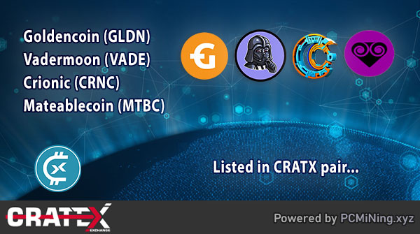 🔔 Goldencoin (GLDN) &amp; Vadermoon (VADE) &amp; Crionic (CRNC) &amp; Mateablecoin (MTBC) listed in CRATX pair...    

📈cratex.io/darkhak.php?pa…

📈cratex.io/darkhak.php?pa…

📈cratex.io/darkhak.php?pa…

📈cratex.io/darkhak.php?pa…

#BTC #BUSD #CRATX #blockchain #cryptocurrency #crypto