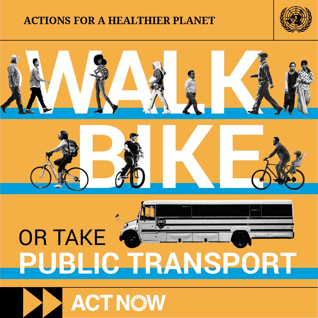 Fewer cars on the road means less traffic and lower carbon emissions.

#ActNow for climate: choose walking🚶‍♀️, cycling 🚵‍♂️ or public transportation 🚅 over car rides whenever you can: un.org/actnow