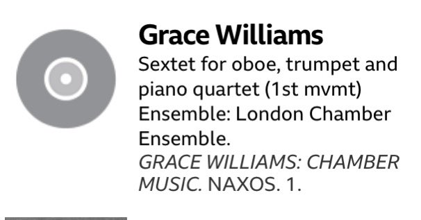 It’s lovely to get a text from a friend saying ‘just heard you on R3!’  Thank you <a href="/BBCRadio3/">BBC Radio 3</a> #EssentialClassics 
<a href="/tom_mckinney/">Tom McKinney</a> for playing some of our Grace Williams Sextet (1932) <a href="/naxos_uk/">Naxos UK</a> <a href="/LonChamberEns/">London Chamber Ensemble</a> <a href="/DavidOwenNorris/">David Owen Norris</a> <a href="/cellospooner/">Joseph Spooner</a> @TyCerdd_org bbc.co.uk/programmes/m00…
