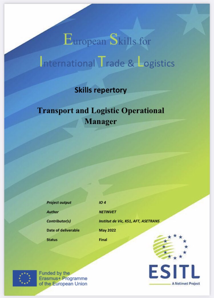 #ESITL Result 4, "Transport and Logistics Operational Manager skills directory" (TLOM) has already seen the light, thanks to the work done by <a href="/CECOA_/">CECOA</a>  <a href="/InstitutdeVic/">Institut de Vic</a> <a href="/KS1Stuttgart/">Kaufmännische Schule 1 Stuttgart</a> and Lycee Edgar Quinet and under the coordination of the <a href="/NETINVET/">NETINVET</a> team. netinvet.eu/en/page/esitl-…