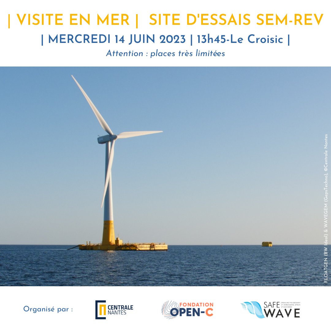 FondationOpenC's tweet photo. Visite du site d'essais en mer SEM-REV de @CentraleNantes opéré par la Fondation OPEN-C pour découvrir les enjeux des #EMR le 14/06. Pour vivre cette expérience, inscription ici : https://t.co/YRz3DkRWjP ‼️Places très limitées. Visite organisée dans le cadre de @safewaveproject https://t.co/qU7Ag1k3U8