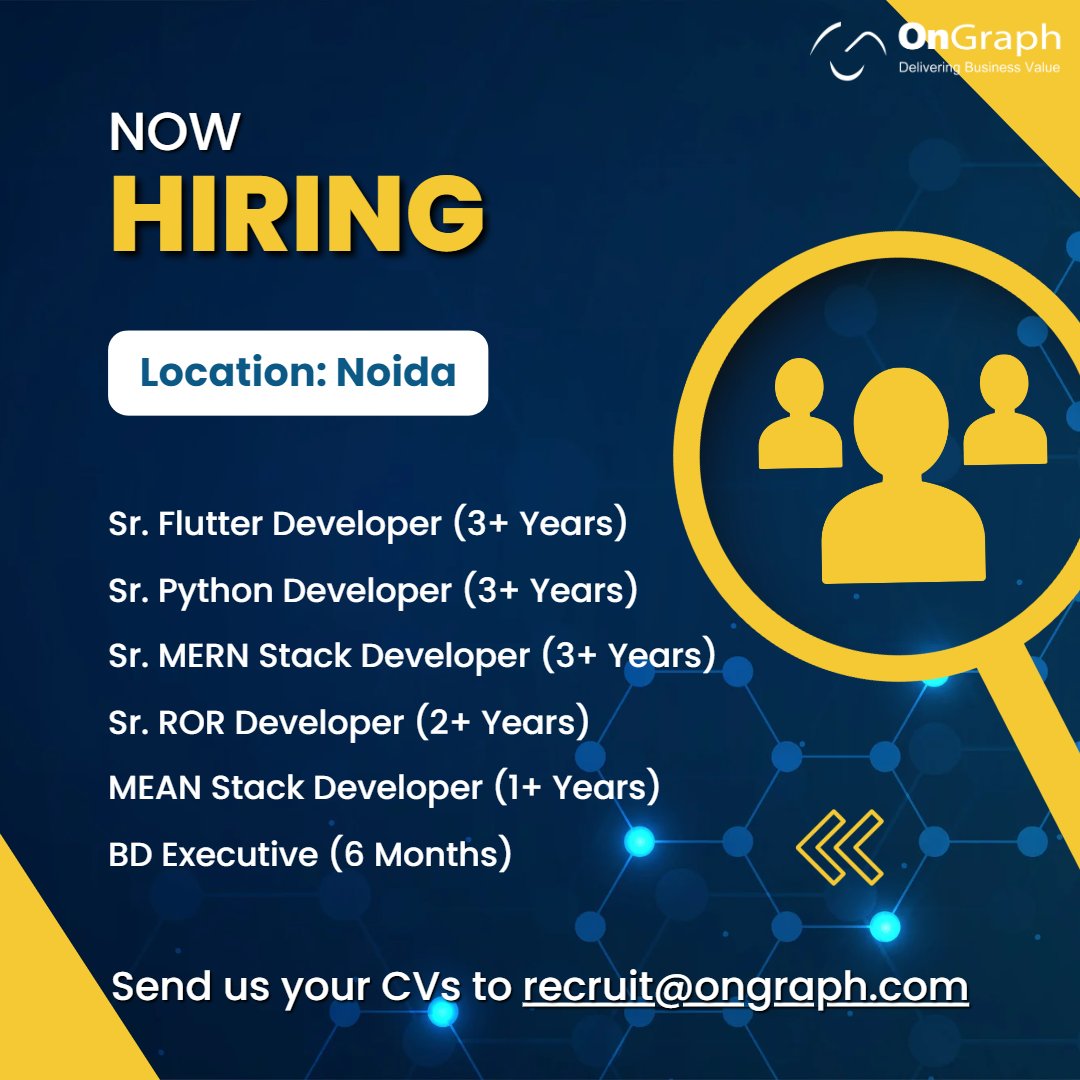 #HiringAlert!
Join our team and make an impact! 🚀

Looking for motivated individuals to reach new heights📈#JobOpportunities available. Join us now! 👨‍💻

Apply now at bit.ly/3Cih1xQ or send your #CV #Resume to recruit@ongraph.com.

#JoinOurTeam #HiringDeveloper #OnGraph
