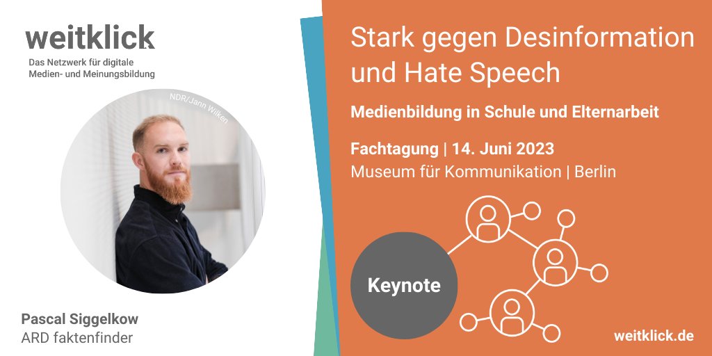 Freuen uns sehr auf eine spannende Keynote von <a href="/PascalSigge/">Pascal Siggelkow</a>, erfahrener Investigativjournalist und Medienexperte <a href="/tagesschau/">tagesschau</a> #Faktenfinder bei der #weitklick Fachtagung nächste Woche! 
📅 14.6. | 11-16:45📍<a href="/mfk_berlin/">Museum für Kommunikation Berlin</a> 
📝Anmeldung: weitklick.de/fachtagung #TwLz #Medienbildung