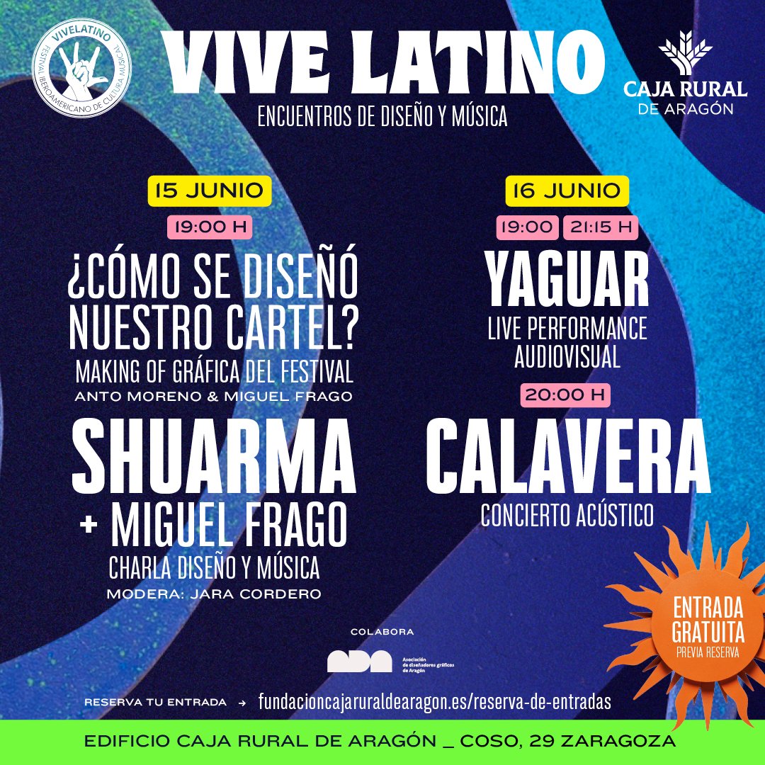 Vive Latino España (@vivelatino_es) on Twitter photo "Encuentros de diseño y música" de #ViveLatino y <a href="/CajaRuralAragon/">Caja Rural de Aragón</a> 📷
Los días 15 y 16 de junio podréis disfrutar de una jornada centrada en los aspectos creativos y de diseño relacionados con la música, y de una performance audiovisual con posterior concierto al aire libre... "Encuentros de diseño y música" de #ViveLatino y <a href="/CajaRuralAragon/">Caja Rural de Aragón</a> 📷
Los días 15 y 16 de junio podréis disfrutar de una jornada centrada en los aspectos creativos y de diseño relacionados con la música, y de una performance audiovisual con posterior concierto al aire libre...