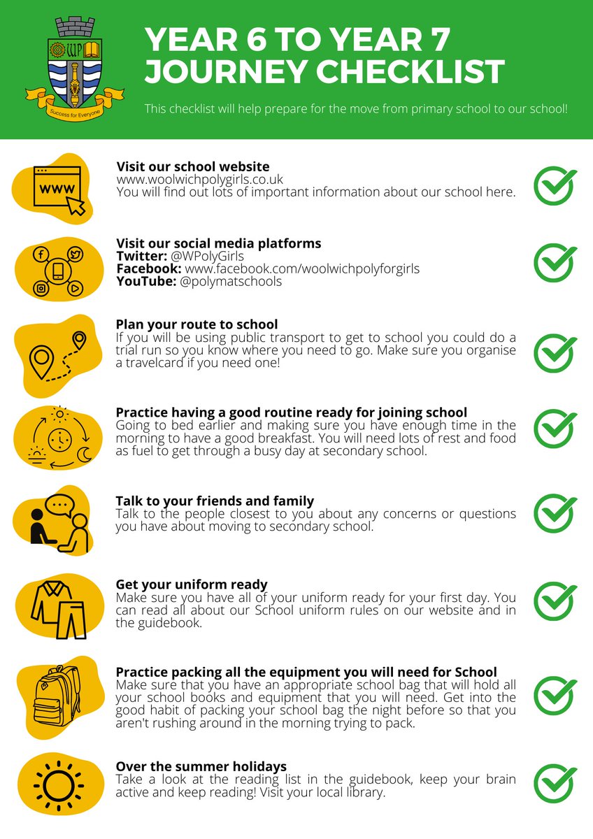 WPolyGirls's tweet photo. Please find below a Year 6 to Year 7 Journey Checklist that we have put together to help prepare students and their parents/carers for the move from primary school to our school! #year7transition #polymat #woolwichpoly #woolwichpolytechnic #thamesmead #london https://t.co/efKV9GXTqw