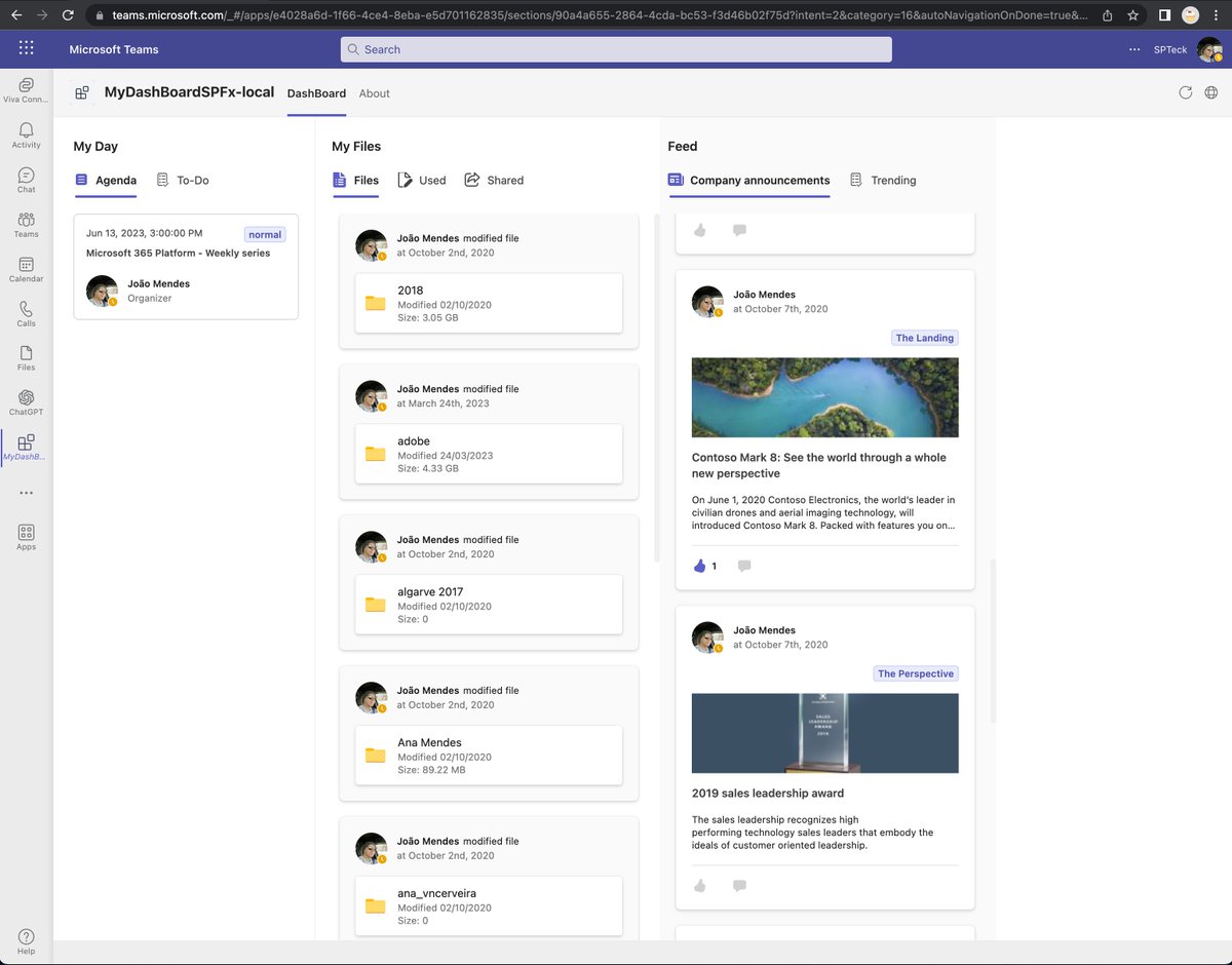 joaojmendes's tweet image. Work in progress ..  #SPFx Teams App,  Amazing working with #VSCodeTeamsToolkit, #FluentUI9 and  with V3 RC of #MicrosoftGraphTookit controls!  😀 🧡🙏

#M365Dev #PnP #ReactJS #sharingiscaring #SPFx #MicrosoftTeams