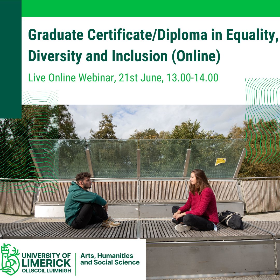 Faculty of Arts, Humanities & Social Sciences @UL (@researchartsul) on Twitter photo Join our information session on the Graduate Certificate/Graduate Diploma in Equality, Diversity and Inclusion on Wednesday 21st June, 13.00-14.00 (GMT) to learn more about these exciting and engaging programme(s). 
Register here to attend: shorturl.at/exFN6 Join our information session on the Graduate Certificate/Graduate Diploma in Equality, Diversity and Inclusion on Wednesday 21st June, 13.00-14.00 (GMT) to learn more about these exciting and engaging programme(s). 
Register here to attend: shorturl.at/exFN6