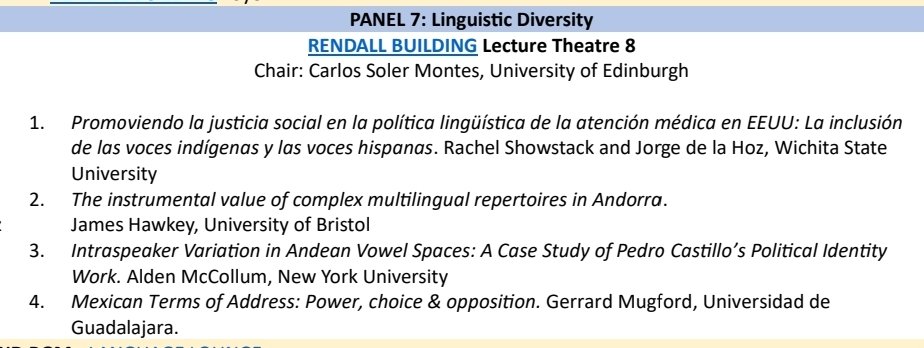 The @SpanishinSoc Conference 'Hispanic? Sociolingustics at a Crossroads' continues this morning with a fantastic panel about Linguistic Diversity with @JamesHawkey @REShowstack , Jorge de la Hoz, Alden McCallum and Gerrard Mugford
