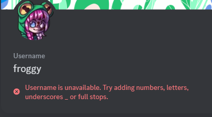 froggy_phd's tweet photo. @discord you are dead to me, ive had the froggy username for over 7 years and now i have nothing #discordusername https://t.co/GsE0lkbSPv