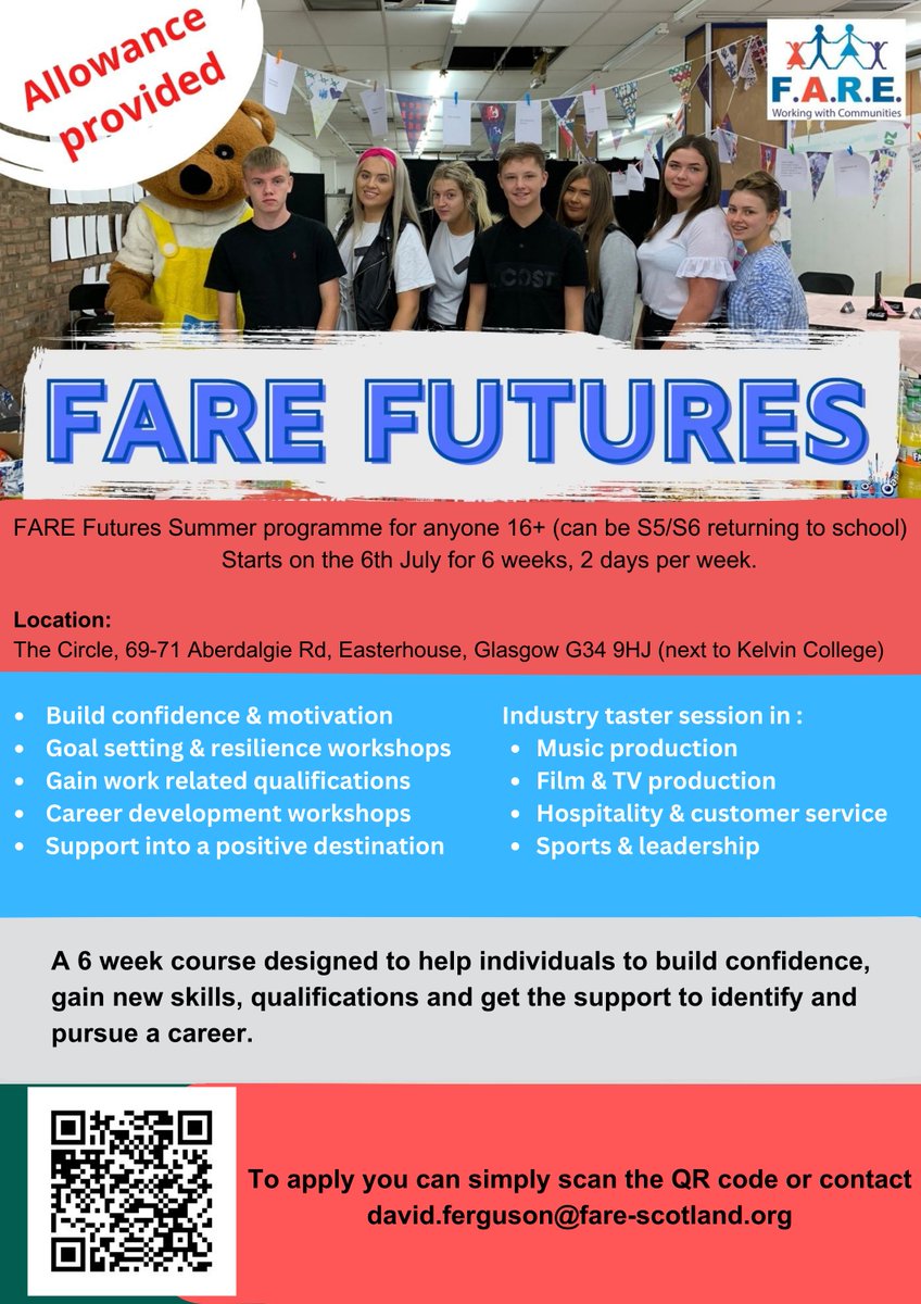 DavidFGlasgow's tweet photo. Our FARE Futures, summer course is due to start on the 6th July for 6 weeks!

* Build confidence 
* Gain work related qualifications
* Industry masterclasses
* Boost employability skills
* Personal development workshops

Allowance provided!
Apply here:
https://t.co/9Fxy37cwYn https://t.co/GMNLbxKbNW