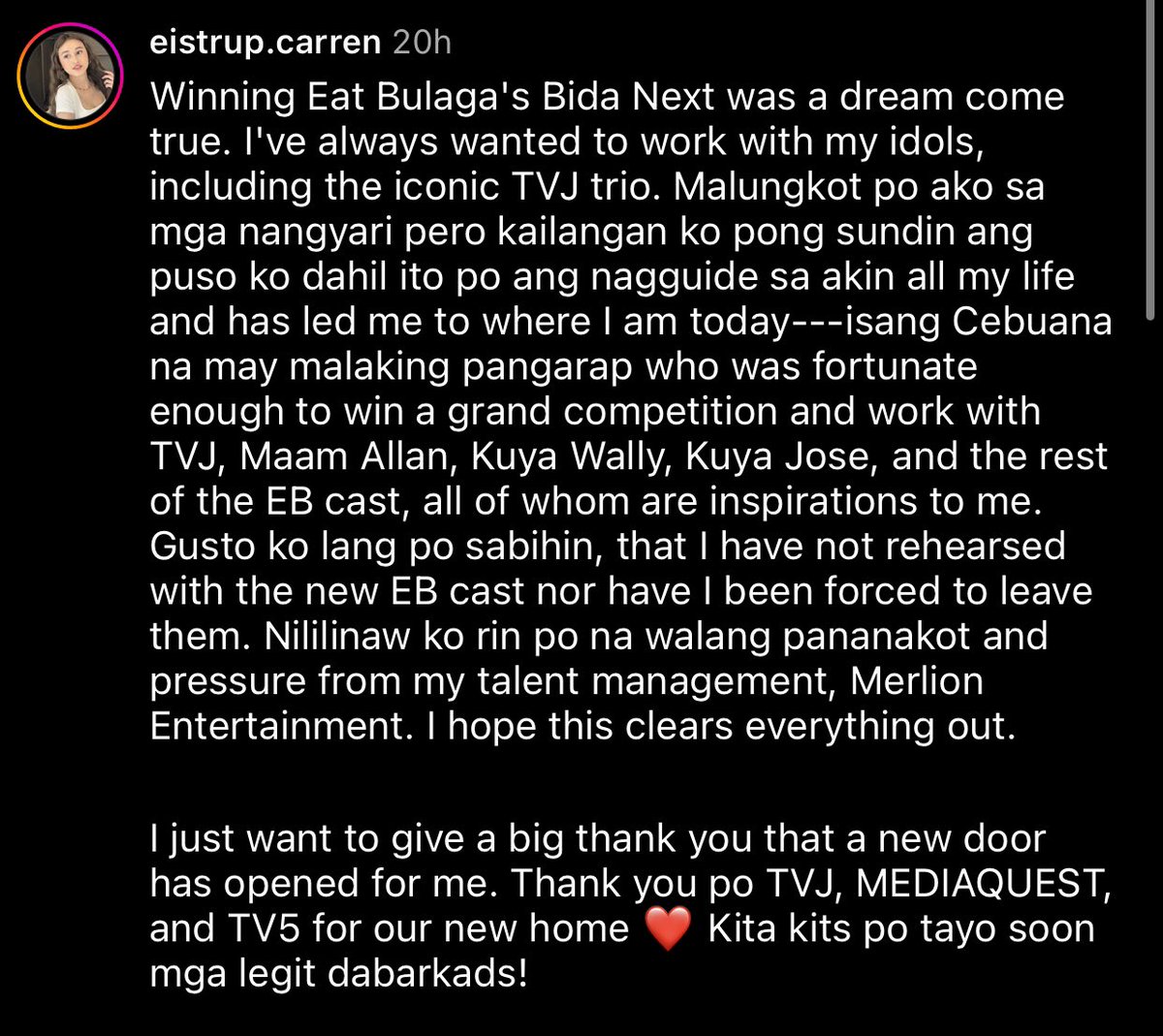 menggalurks's tweet photo. Carren cleared that she did not rehearse with the Fake Eat Bulaga cast and was not forced to join the Original Eat Bulaga.

Again, someone lied &amp; it's not the “original” dabarkads. #EatBulagaTV5

Context: Someone said Carren was rehearsing with fake EB &amp; was compelled to back out https://t.co/WUsJ43cpXU