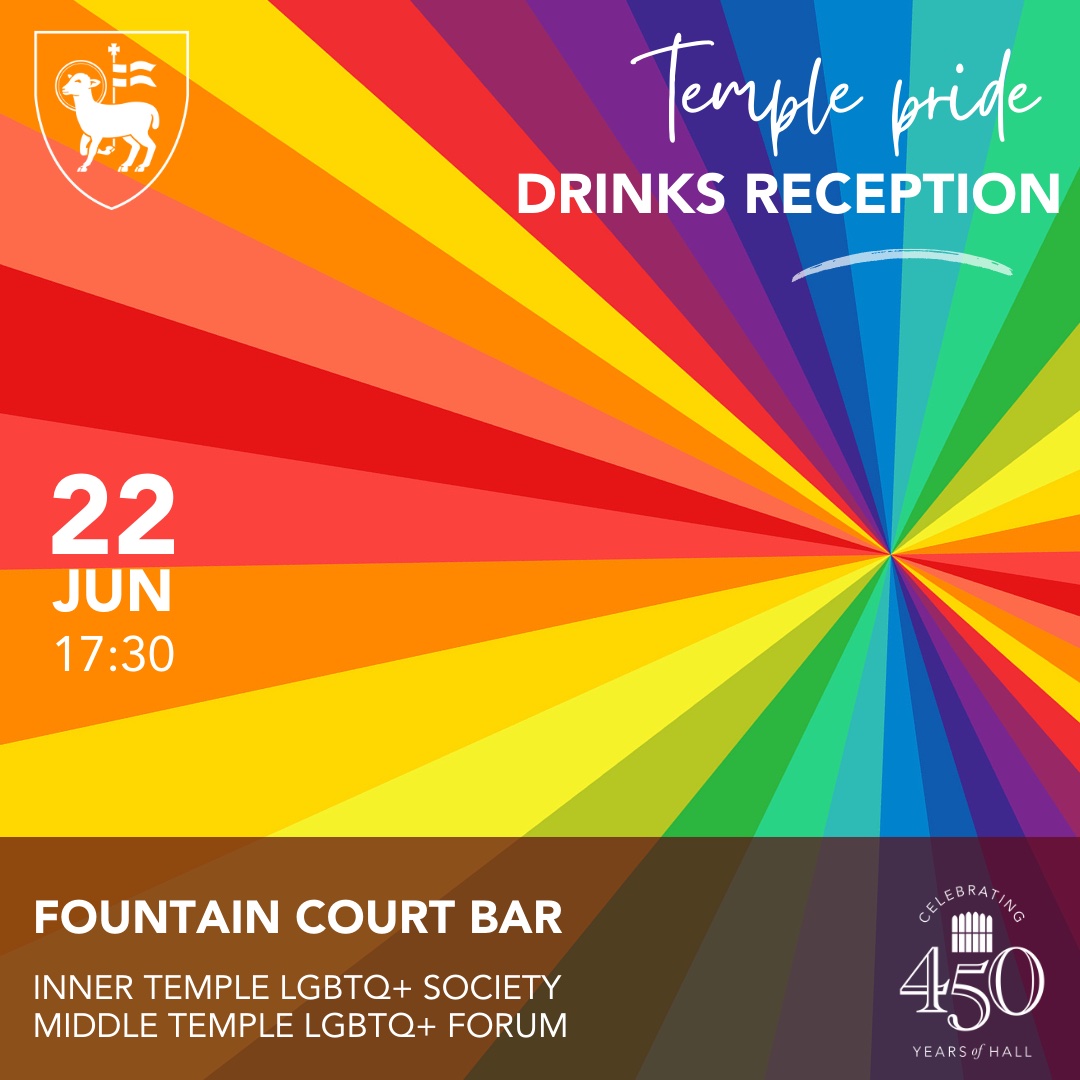 TEMPLE PRIDE! 🏳️‍🌈 Join @middletemple and @TheInnerTemple in celebrating #PrideMonth2023 at Fountain Court Bar on 22/06/23 @ 17:30. Admission is free, but please do reserve a spot here: eventbrite.co.uk/e/temple-pride…