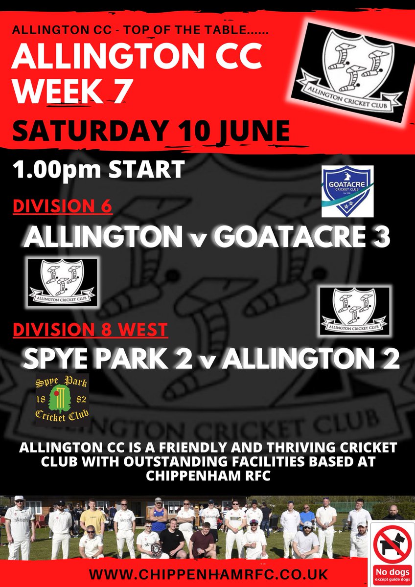 ChippenhamRFC's tweet photo. Great Weather for Cricket!!
@allingtoncc v @GoatacreCC 3's
Spye Park 2's v @allingtoncc 2's
1.00pm KO and the Birch Grove Pavilion Bar will be open, serving chilled beverages 🌞🍻🏏
#RealCricket #RugbyFamily #TopofTable #Chippenham #BestLittleClub https://t.co/fjqlRmpeTb