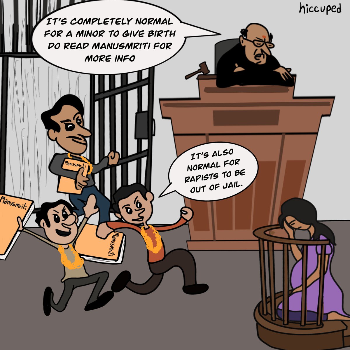 Hiccuped's tweet image. A high court judge ruled that a minor rape survivor can give birth &amp;amp; told her to read Manusmriti. In the same state where rapists were released from jail. A BJP MLA defended the release &amp;amp; said they are "Brahmins with good sanskaar." Must be the influence of reading the manusmriti