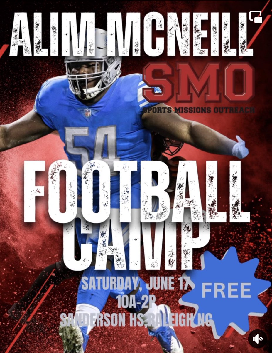 Alim McNeill Free Football Camp June 17, 2023 Sanderson High School, Raleigh NC Limited Spots. Register Today eventbrite.com/e/alim-mcneill…