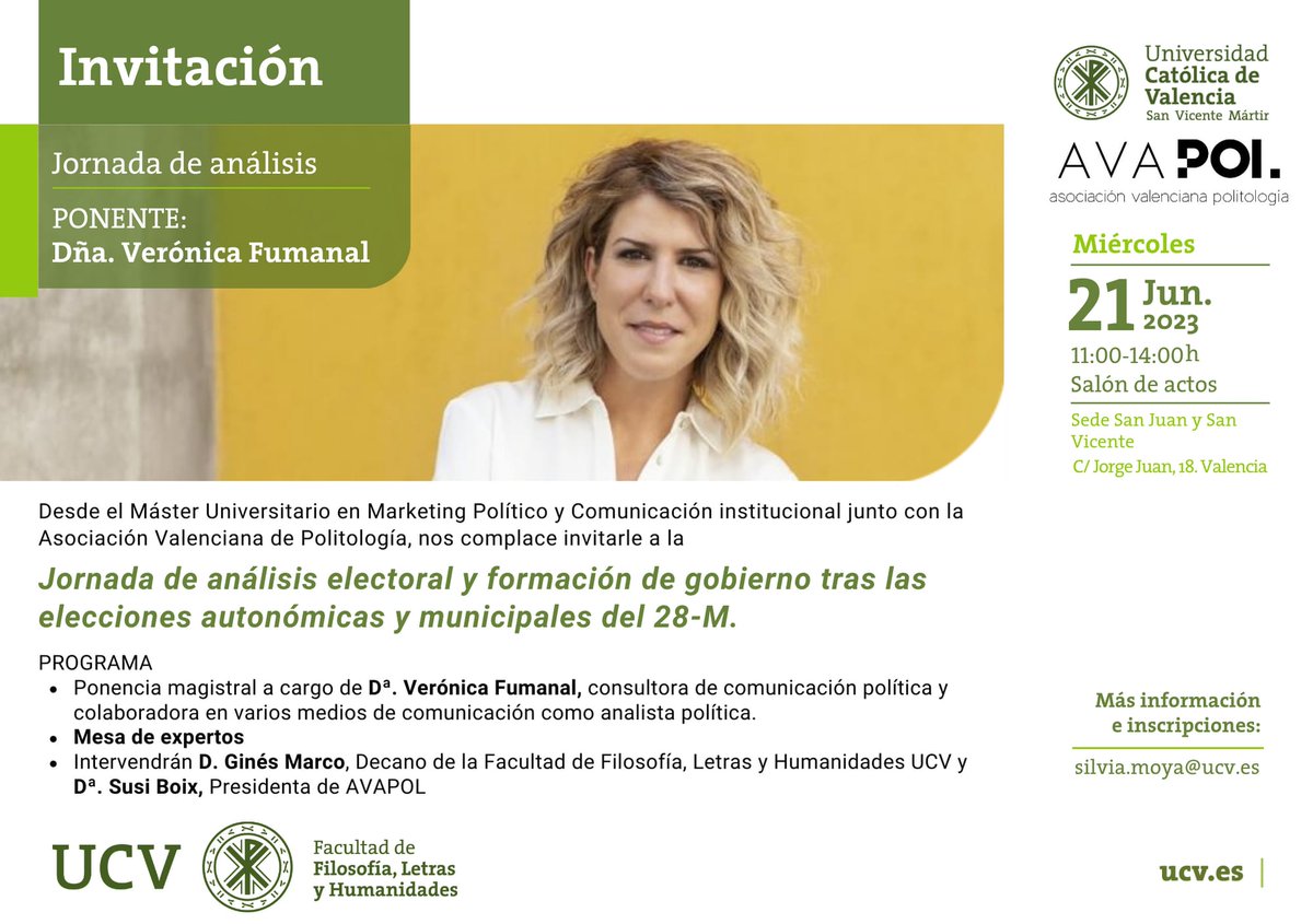 AmaliaLopezAcer's tweet photo. 🗳️ Jornada de análisis electoral con @veronicafumanal organizada por Universidad Católica de #Valencia y la Asociación Valenciana de Politólogos #AVAPOL
🗓️ 21 de junio
🕚 11h
➕info: silvica.moya@ucv.es
#política #elecciones #transparencia #compol https://t.co/sjJWjDDzpN