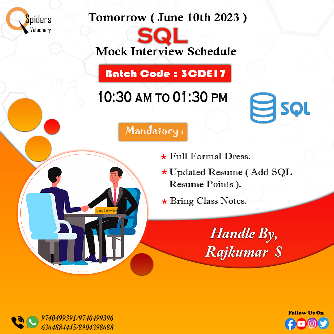 Tomorrow (June 10th , 2023 )
Mock Interview Schedule
.
.
FOR MORE QUERIES CALL US @ 6364884445/6364884447/9740499391/9740499396
.
.
#qspiders #jspiders #pyspiders #corejava #selenium #manualtesting #automationtesting #python #pythonprogramming #pythoncode #webdev #selenium #alm