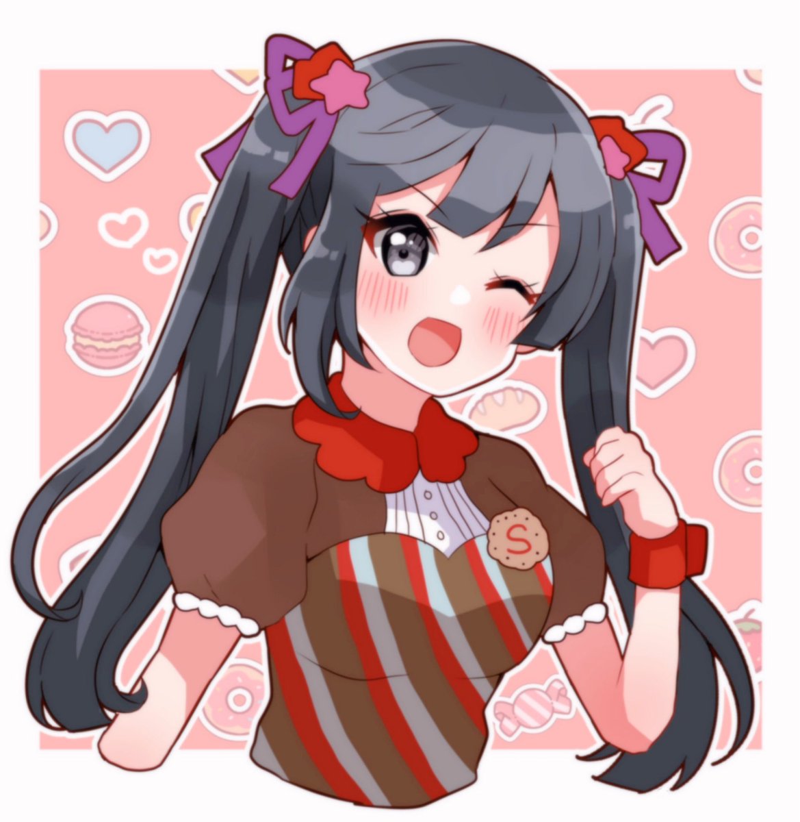 yuuki setsuna (love live!) 1girl solo twintails one eye closed black hair long hair upper body  illustration images