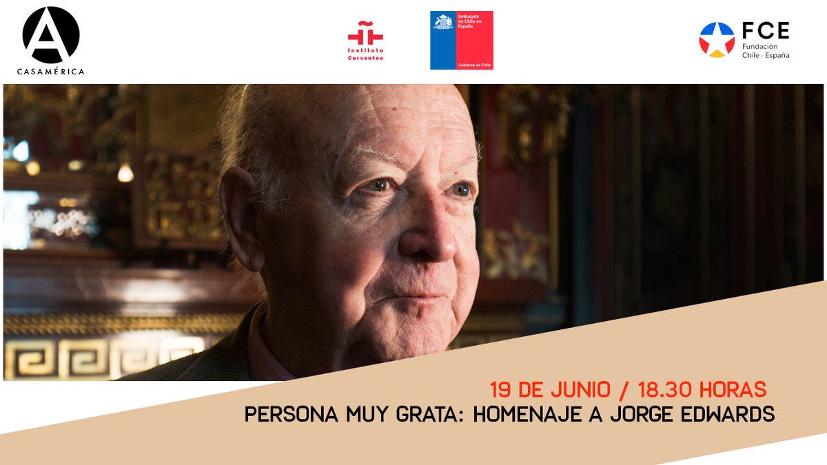 casamerica's tweet photo. 📘 Persona muy grata: homenaje al escritor chileno Jorge Edwards. Su obra fue censurada por dos dictaduras de ideologías opuestas: la cubana y la chilena.

👥 Con @enriqueoj3600, @RicardoCayuela, @cosmejuan, @CarlosFranzTh, @esbencohen y +.
📅 19/6. 18.30.
https://t.co/i4Z3YMl19s https://t.co/Henlq1nsQP