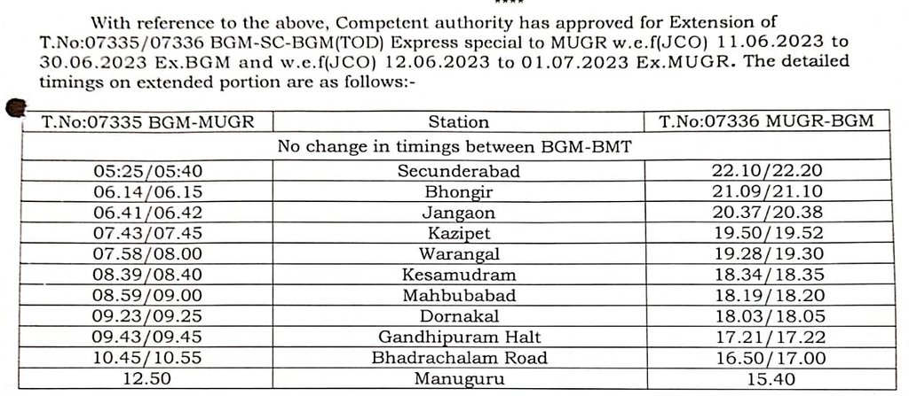drmubl's tweet photo. Passengers kindly note the extension of T. No. 07335/07336 #Belagavi - #Secunderabad - Belagavi Express Special upto Manuguru as per the details mentioned below: 
#SWRUpdates https://t.co/uESc97lT3z