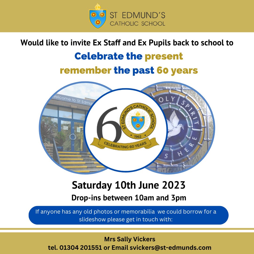 StEdmundsSCH's tweet photo. We will be holding a drop-in tomorrow, Saturday 10th June 2023 between 10am and 3pm to celebrate 60 Years of St Edmund's Catholic School.

We warmly welcome you tom our Open Day, please join us and take a trip down memory lane!

#60years #teamsteds #catholicschools #schoolreunion https://t.co/pMVp8VGsNV