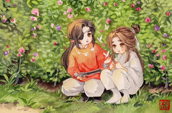 Seeing these AI generated TGCF x ghibli crossovers makes me sad. So I'm reposting my actual ghibli inspired Hualian fanart 