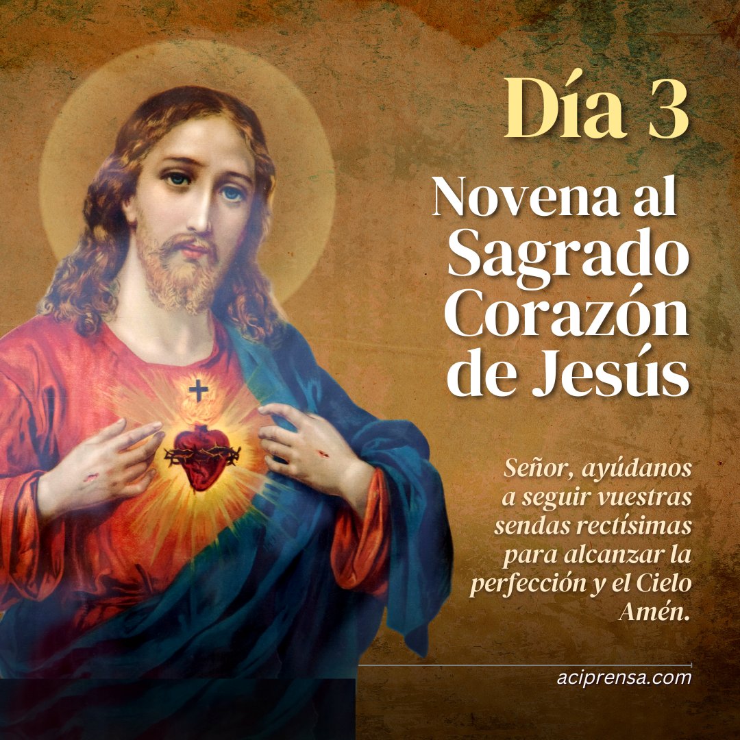 aciprensa's tweet photo. ❤️‍🔥 Hoy, 9 de junio, es el tercer día de la Novena al Sagrado Corazón de Jesús. La oración del tercer día está dedicada a pedir al Señor que nos ayude a seguir sus sendas rectísimas para alcanzar la perfección y el Cielo. ⁣Reza la novena completa aquí. https://t.co/WL7VPYXB6J https://t.co/xgliUGR19X