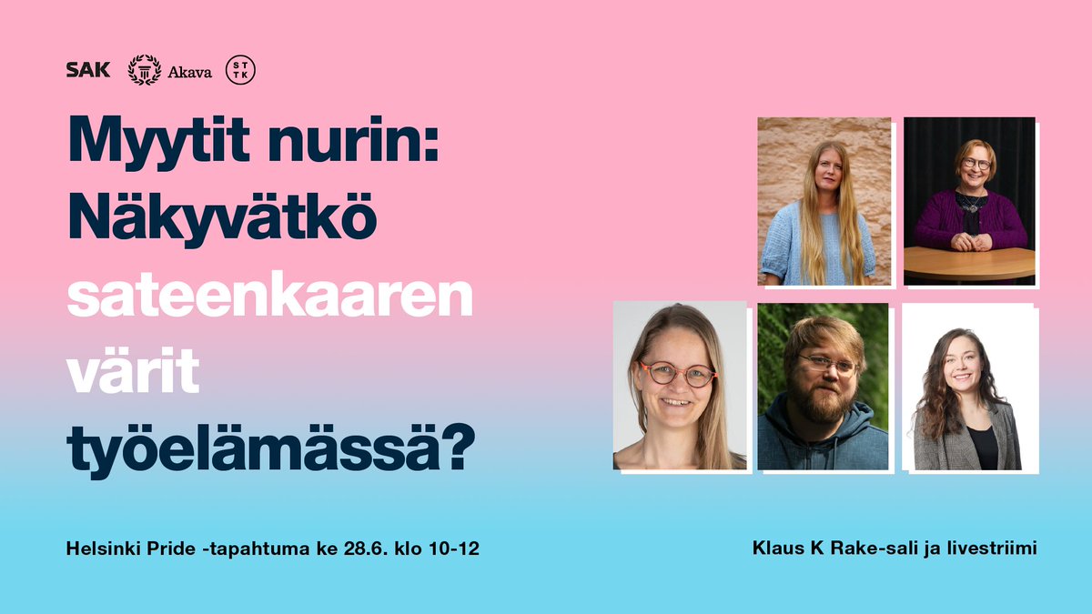 Miten yhdenvertaisuus ja tasa-arvo toteutuvat työpaikoilla? Tervetuloa murtamaan myyttejä Akavan, <a href="/duunarit/">SAK</a> ja <a href="/STTKMikonkatu/">STTK</a> kaikille avoimeen #pride-tapahtumaan keskiviikkona 28.6. kello 10.30–12.

Tule mukaan: akava.fi/verkkouutiset/…

#yhdenvertaisuus #tasaarvo
