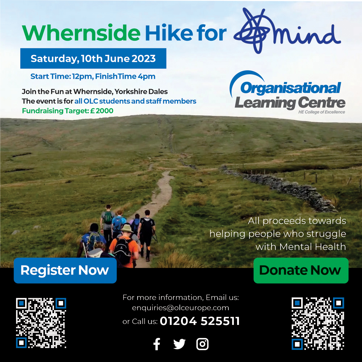 #OLC Students and staff will be #hiking up and down #Whernside, the highest point in Yorkshire, located in the #Yorkshire #Dales to support a charity- Mind, which is dedicated to helping individuals with #mentalhealth issues.
Register your interest: olceurope.com/whernside-hike…
