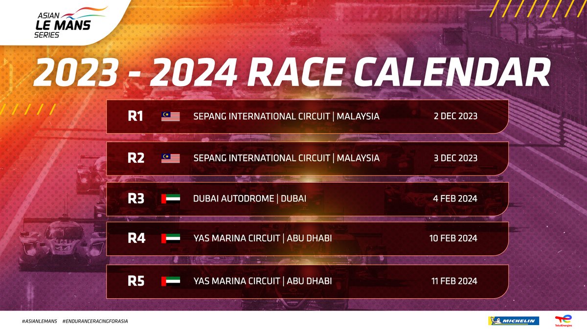 AsianLeMans's tweet photo. BREAKIING NEWS! The Asian Le Mans Series returns to Sepang!

AND there will be five rounds in the 2023 / 2024 Asian Le Mans Series!

READ MORE: https://t.co/OJp9cNoEZa 

#AsianLeMans #EnduranceRacingforAsia https://t.co/y0AiL9V6eT